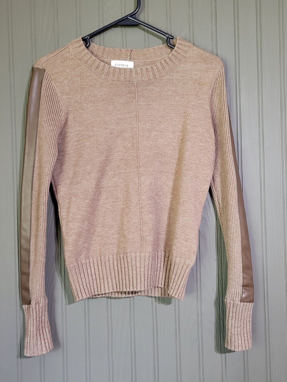 Evereve Harlow Crewneck Pullover Sweater Faux Leather Sleeve Brown Women's XS